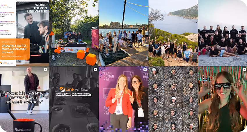 Collage of ten photos showing various scenes from a company team called Linkvertise: smiling colleagues at an office event with a job ad, outdoor team gathering with Linkvertise banner and balloons, group on a boat with water and city in the background, team hike on a hill overlooking a bay, casual team photo on a sandy beach, a man standing in a room with a cup and text overlay, black-and-white photo of the team eating together with a growth message, two women posing at an event with purple and pink background, creative patterned group photo with repeated faces, and a smiling woman wearing novelty sunglasses with festive decorations.